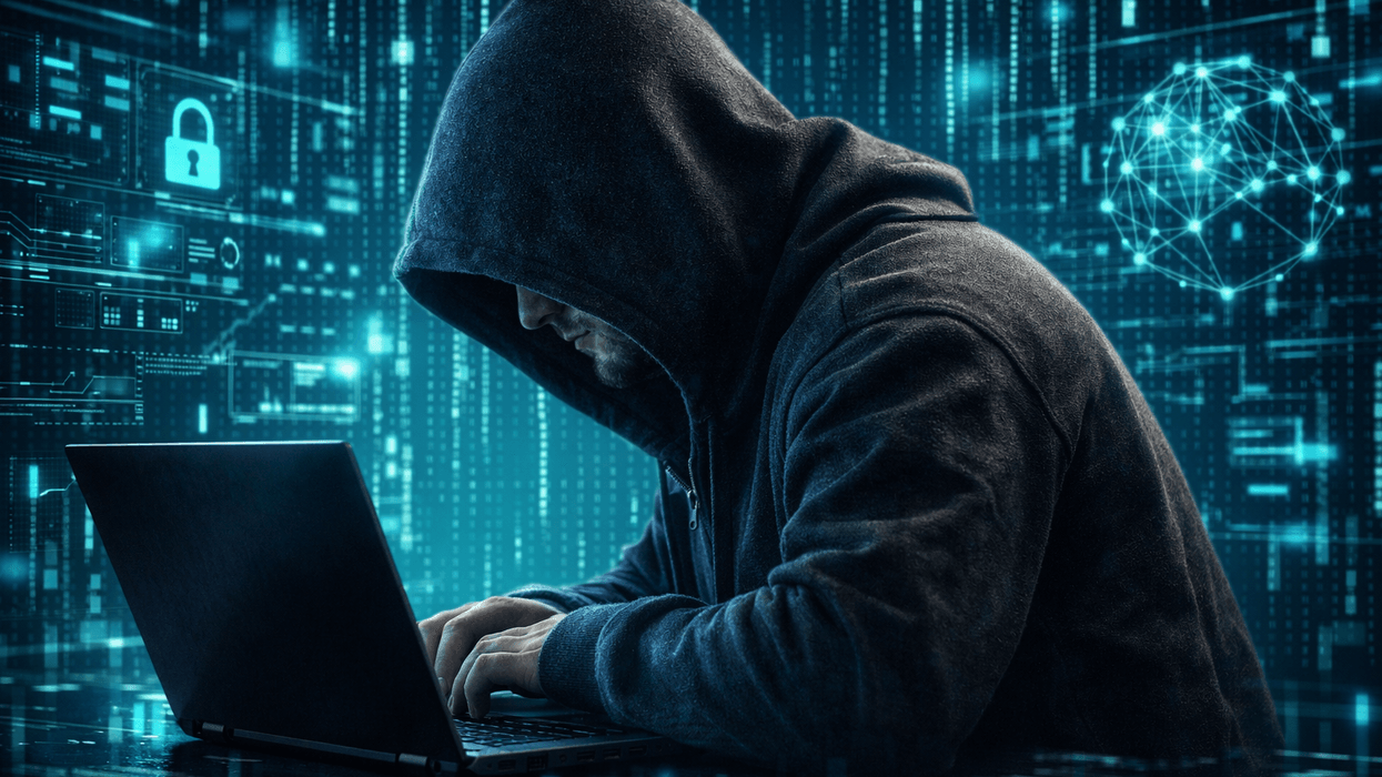 Person typing on laptop with a digitized background