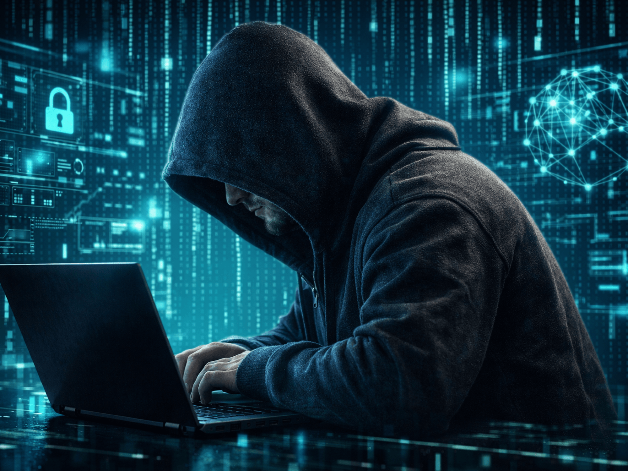 Person typing on laptop with a digitized background