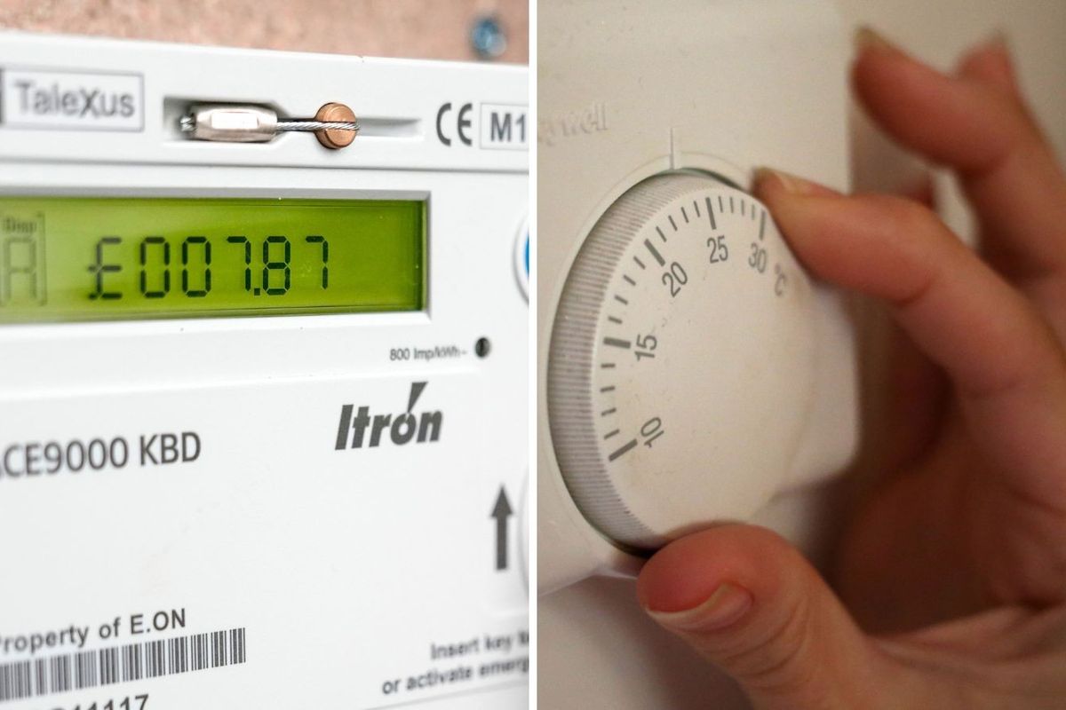 Person using thermostat and prepayment meter in pictures