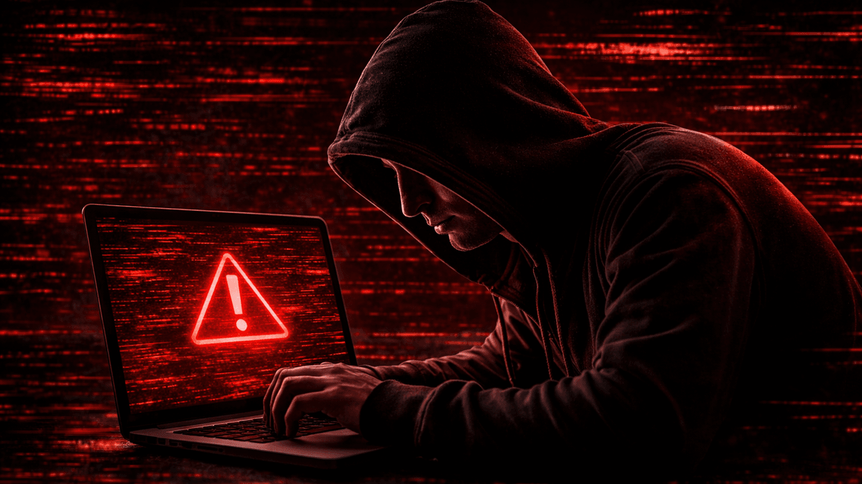 Person wearing a hood typing on laptop with a glitch and warning symbol