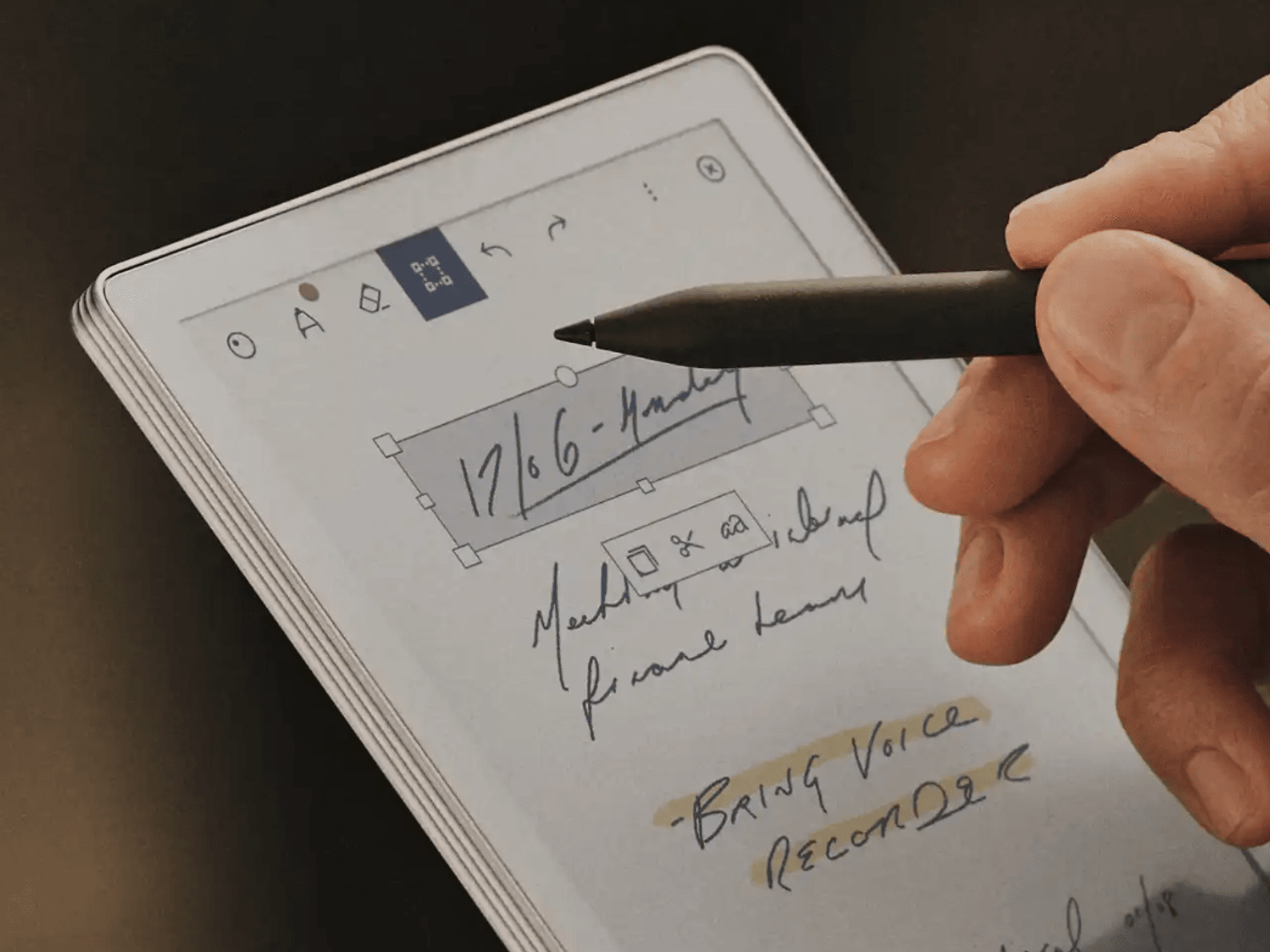 Person with digital pen taking notes on the new reMarkable Paper Pro Move