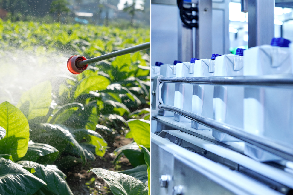 Pesticide sprayer on crops; blank milk cartons and packaging