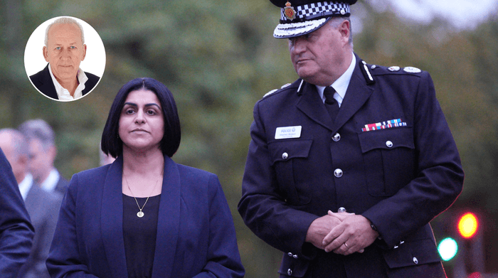 Peter Bleksley (left), Shabana Mahmood (middle), police officer (right)