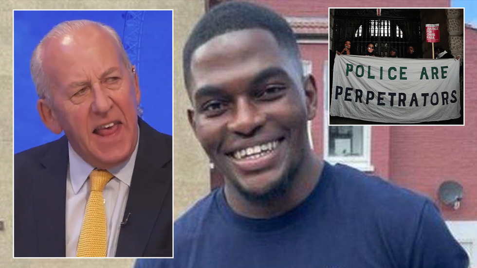 Peter Bleksley speaking about Chris Kaba with an inset of a protest calling for Sgt Blake to be charged