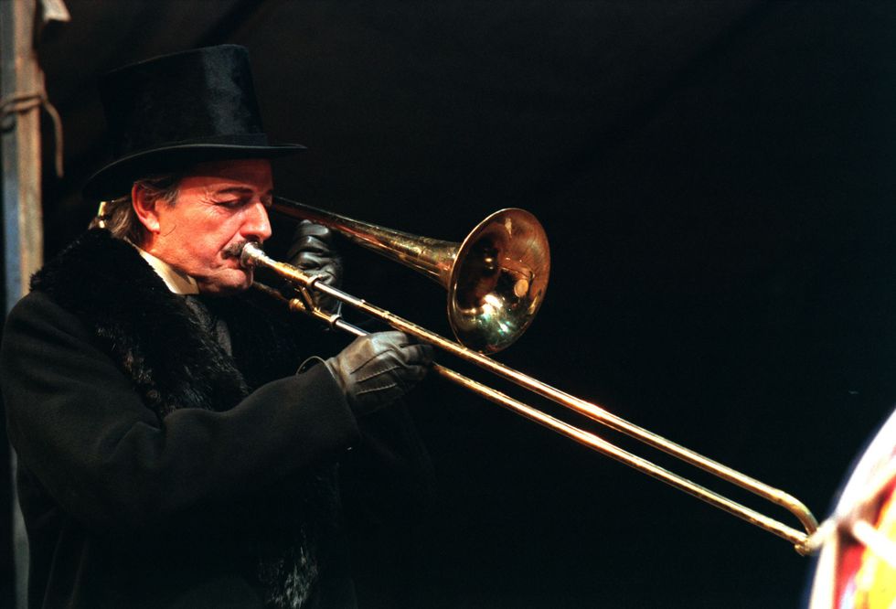 Peter Bowles as Andrew Undershaft on stage during the first night of George Bernard Shaw's play 'Major Barbara' at the Piccadilly Theatre in London