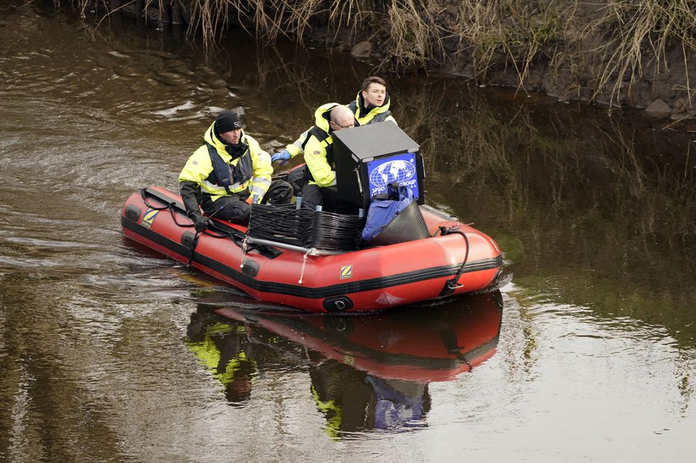 Peter Faulding (centre) CEO and workers from private underwater search and recovery company, Specialist Group International, using a 18kHz side-scan sonar on the river in St Michael's on Wyre, Lancashire, as they assist in the search for missing woman Nicola Bulley, 45, who was last seen on the morning of Friday January 27, when she was spotted walking her dog on a footpath by the nearby River Wyre. Picture date: Monday February 6, 2023.