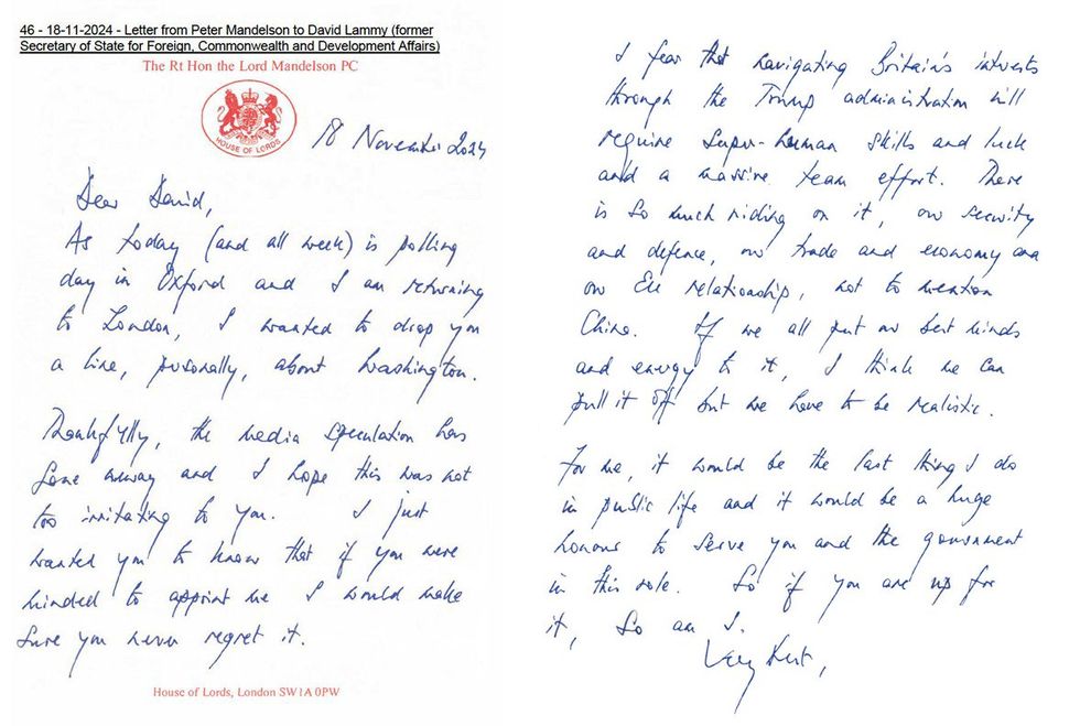 Peter Mandelson letter to David Lammy
