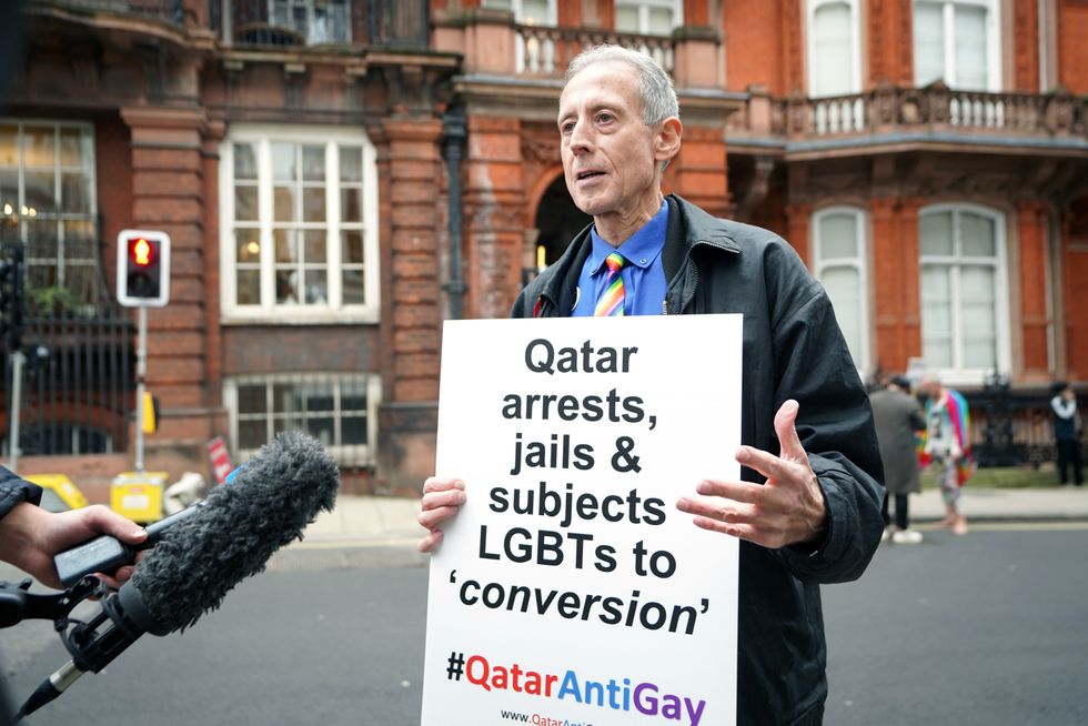 Peter Tatchell called on the public to boycott the World Cup outside the Qatar embassy in London.