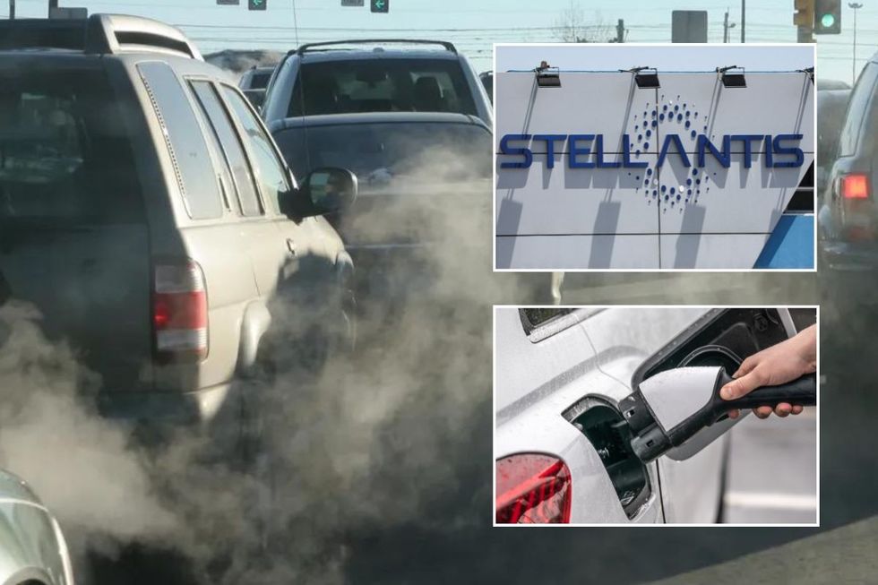 Petrol and diesel cars in traffic, a Stellantis sign and an electric vehicle charger