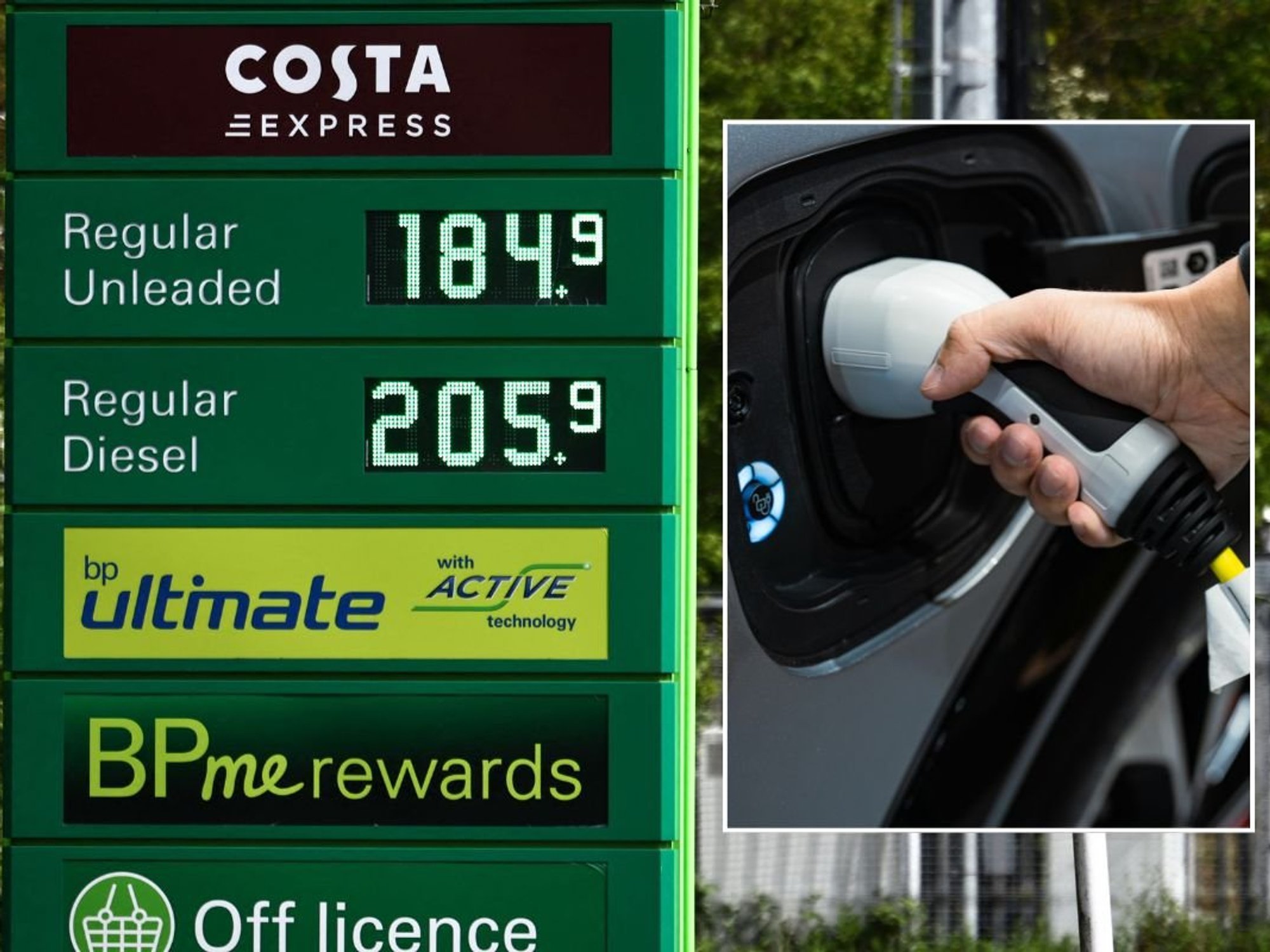 Petrol and diesel prices and an electric car charging