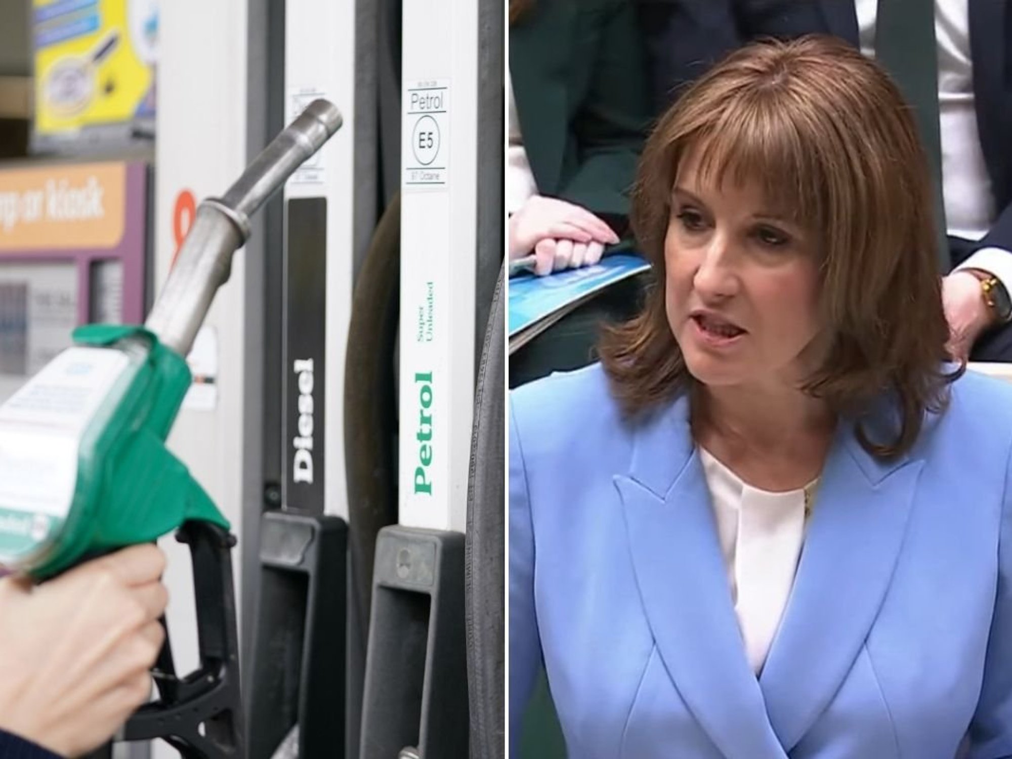 Petrol and diesel pump and Chancellor Rachel Reeves