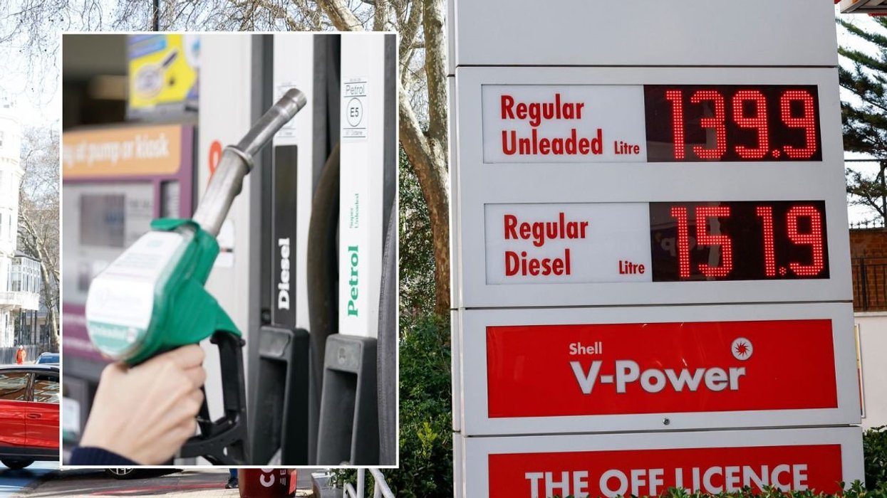 Petrol and diesel pumps and a fuel price sign in London