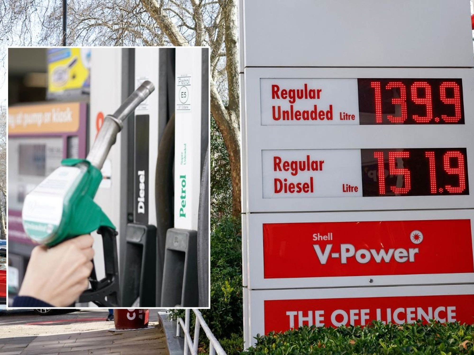 Petrol and diesel pumps and a fuel price sign in London