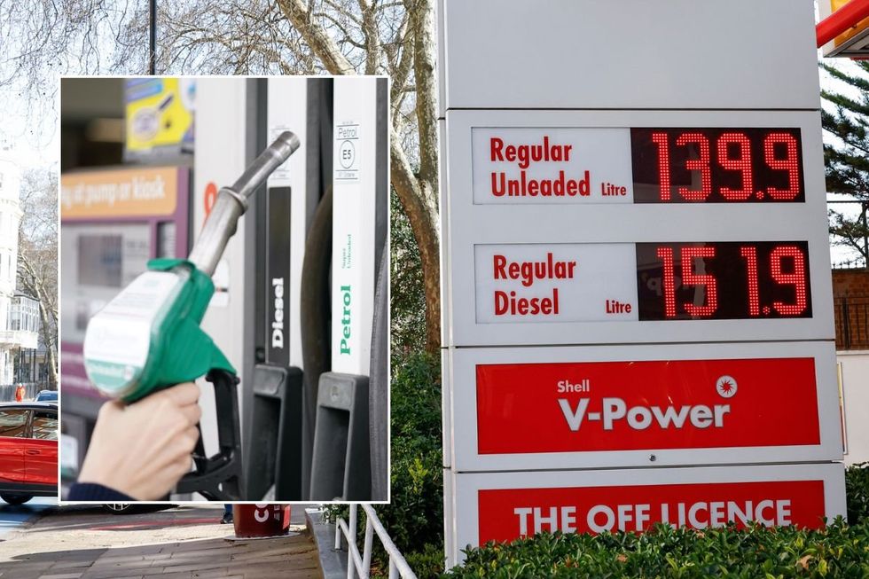 Petrol and diesel pumps and a fuel price sign in London