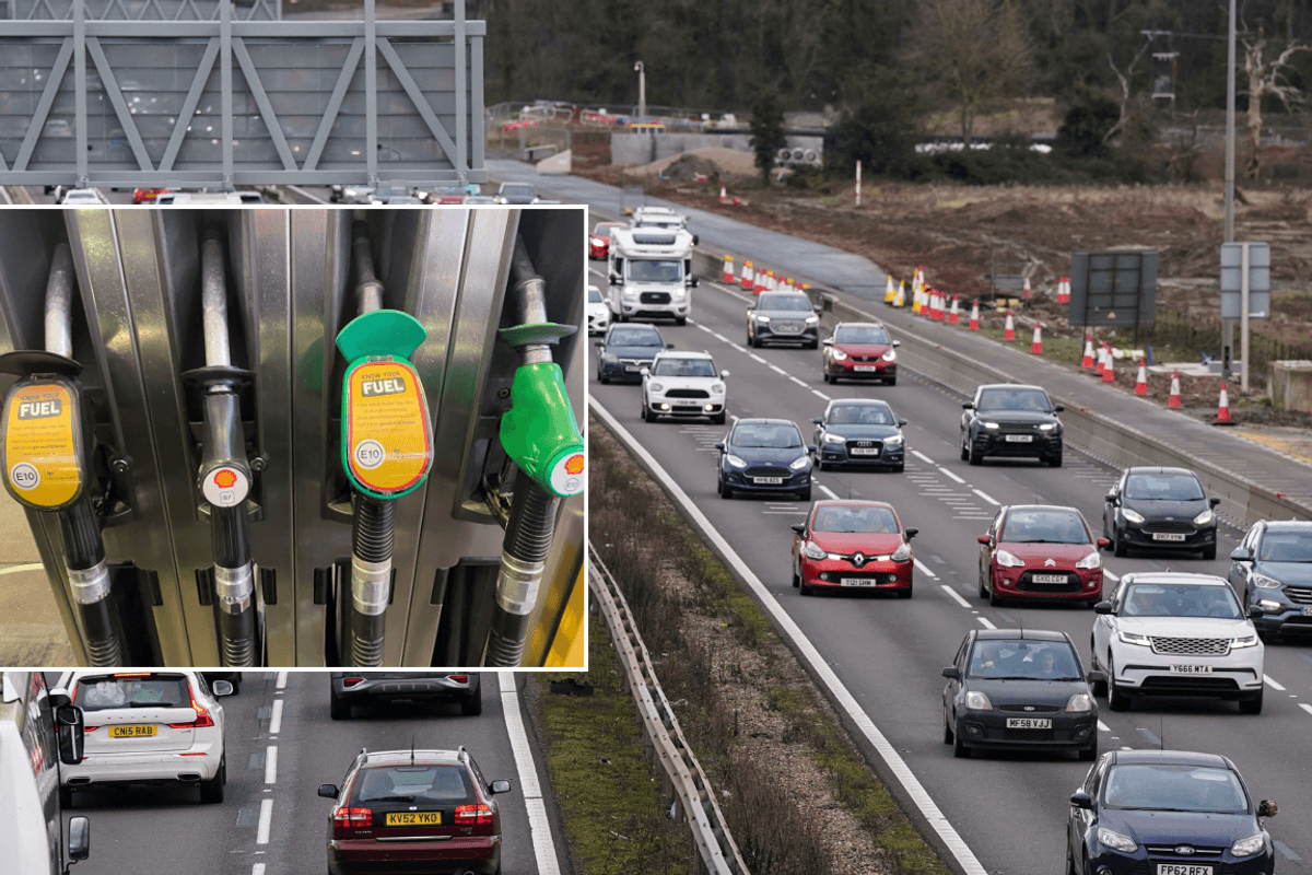 Petrol and diesel pumps on UK road background