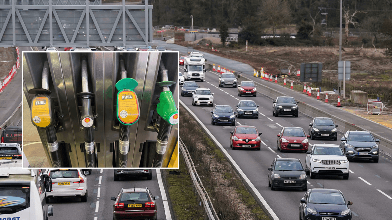 Petrol and diesel pumps on UK road background