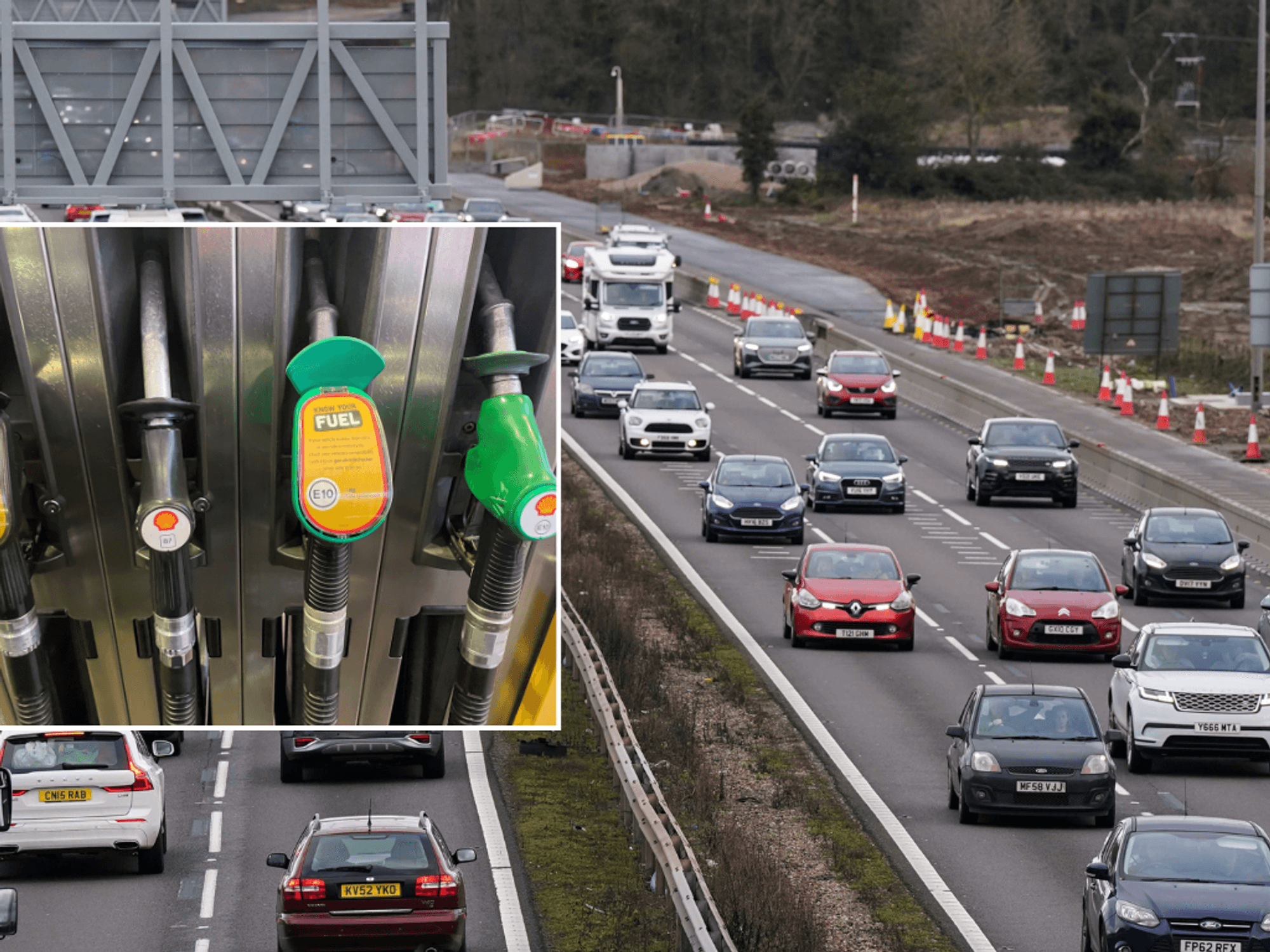 Petrol and diesel pumps on UK road background