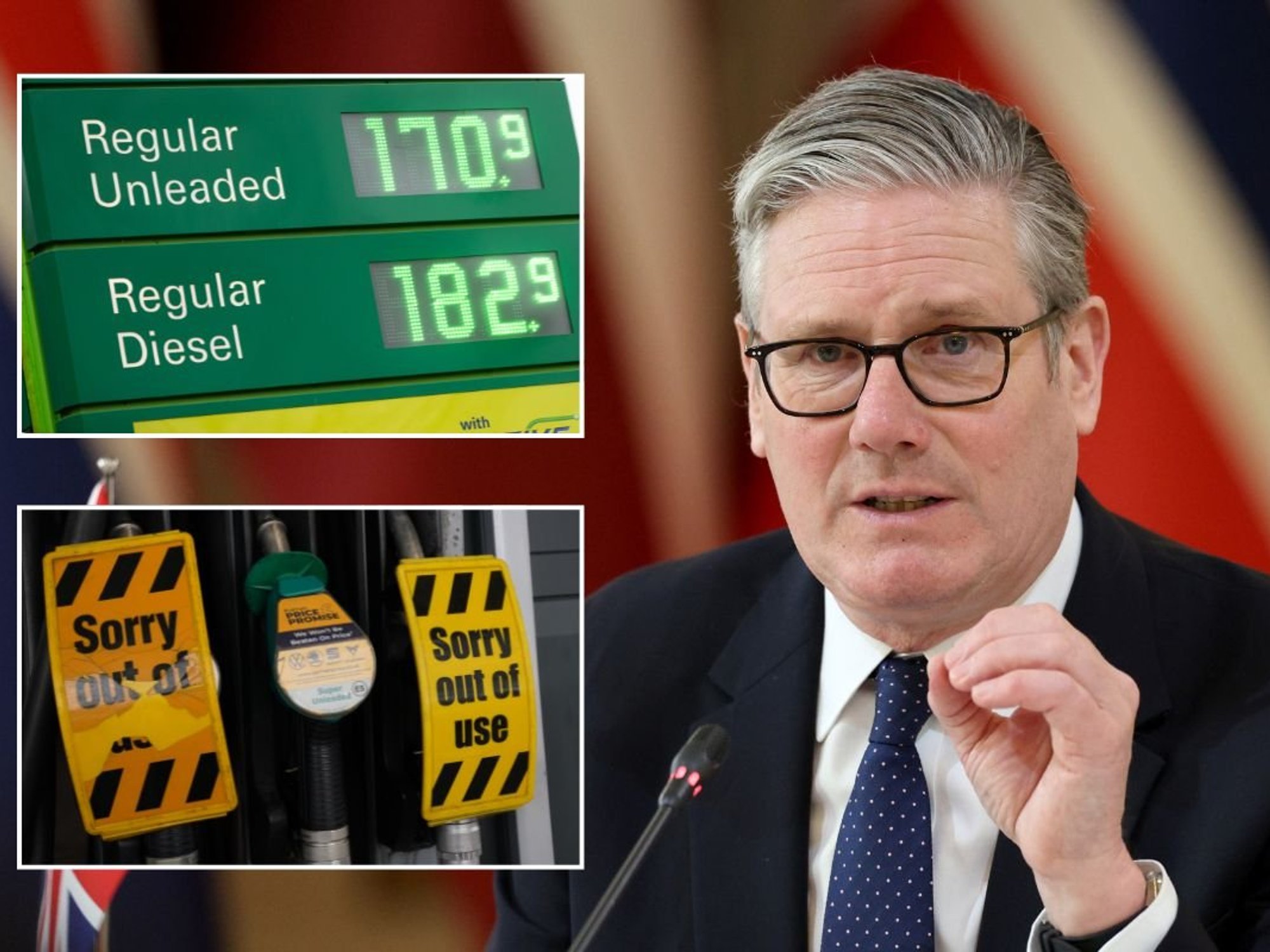 Petrol prices, Prime Minister Keir Starmer and empty fuel pumps