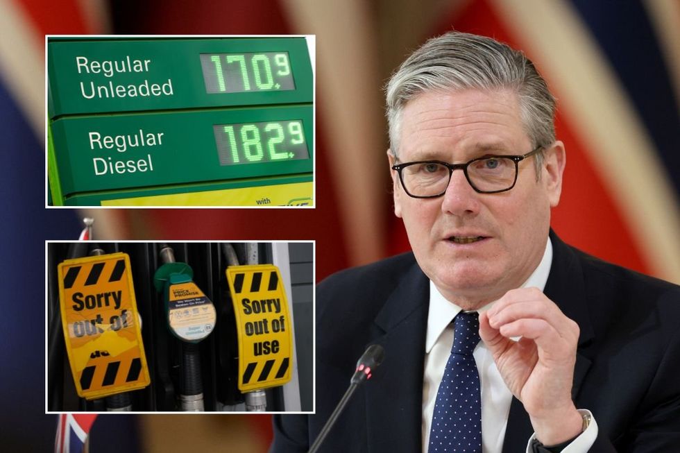 Petrol prices, Prime Minister Keir Starmer and empty fuel pumps