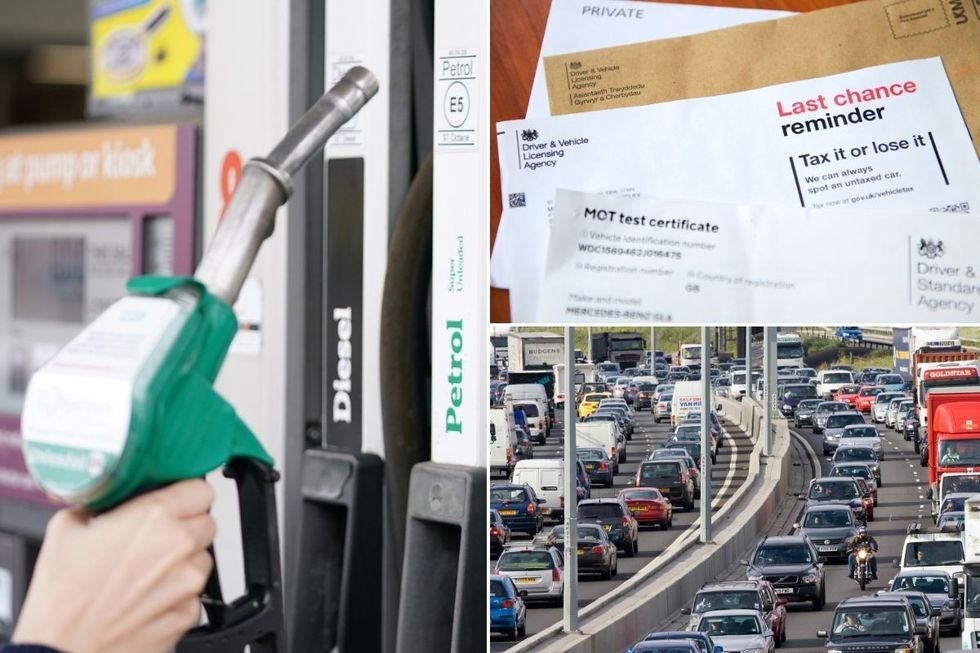 Petrol pump, a car tax reminder letter and a busy UK road