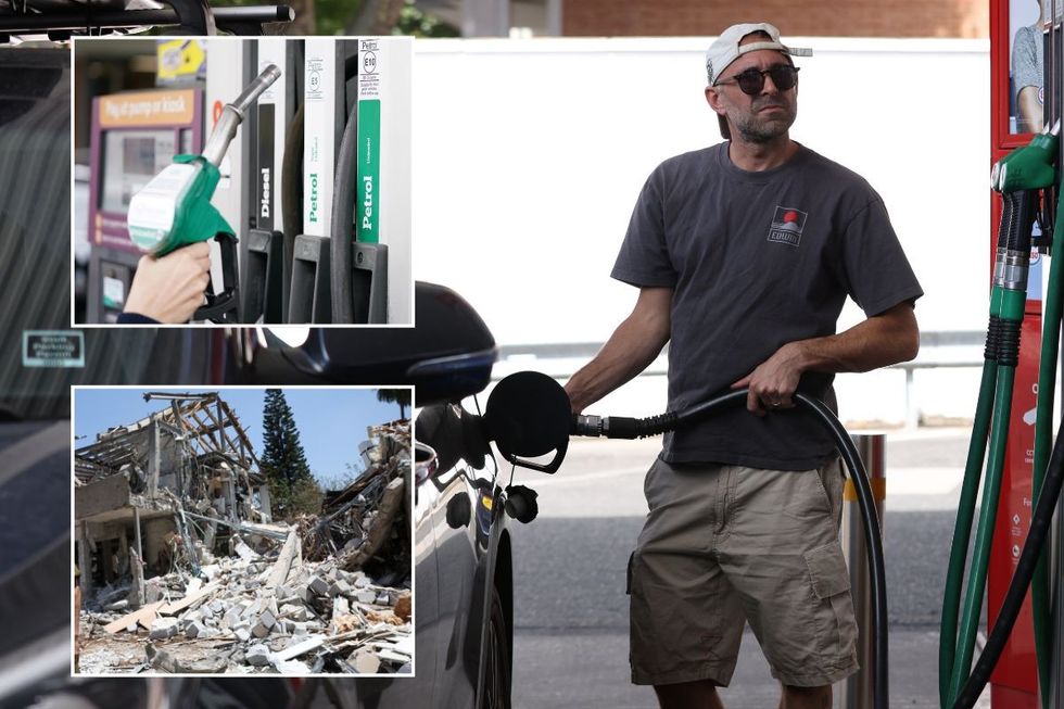 Petrol pump, aftermath of an Iranian bombing campaign and a man filling up petrol