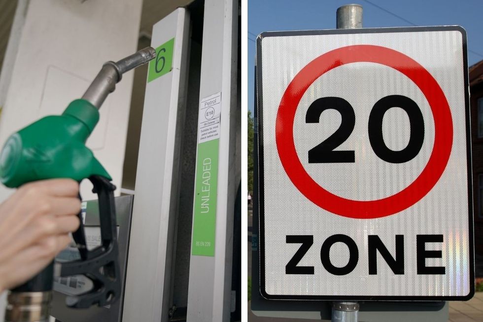 Petrol pump and 20mph sign