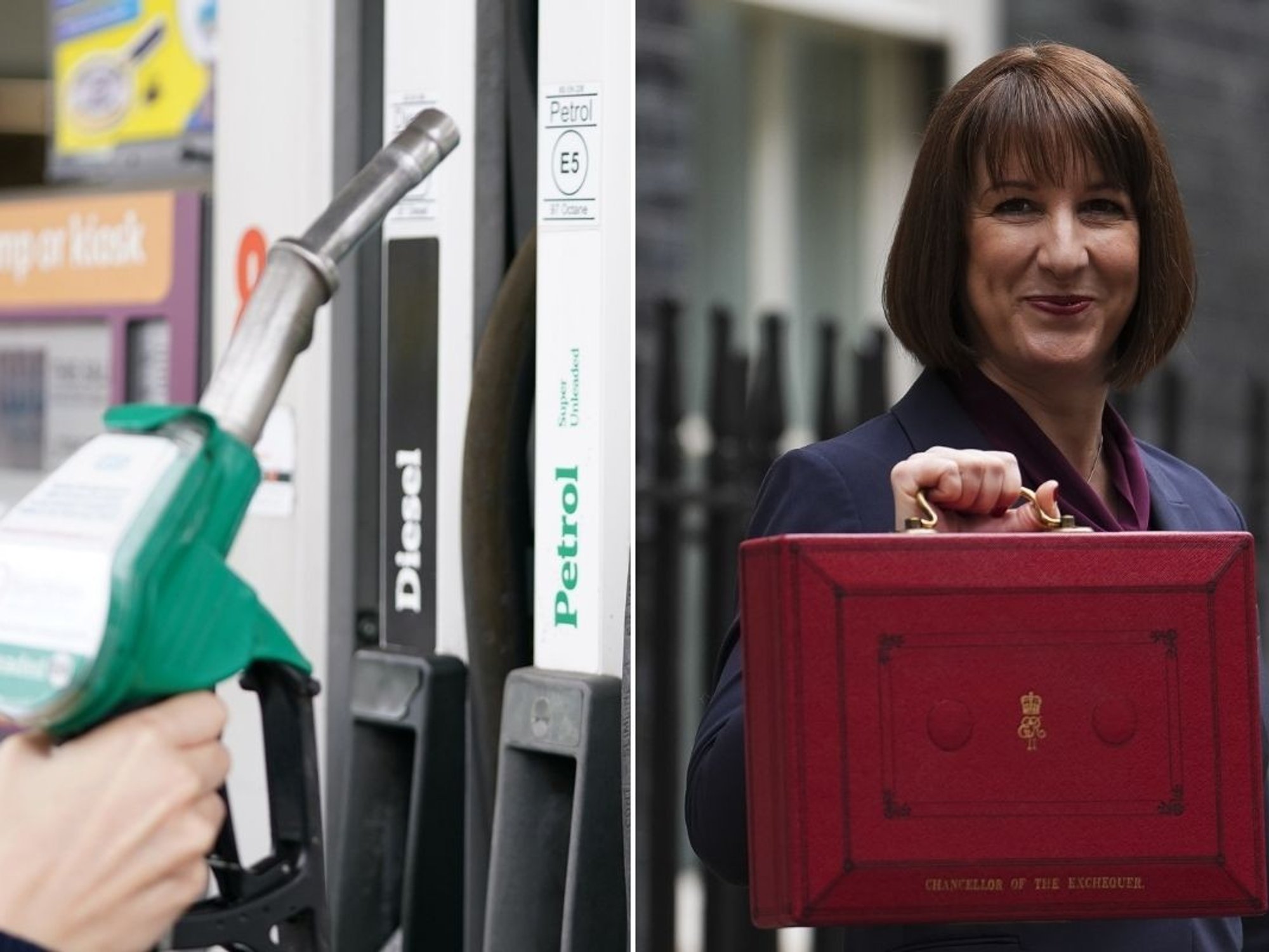 Petrol pump and Chancellor Rachel Reeves with the Budget