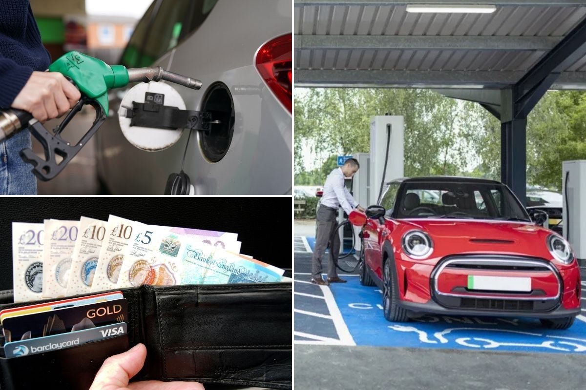 Petrol pump, electric car charger and a wallet full of cash