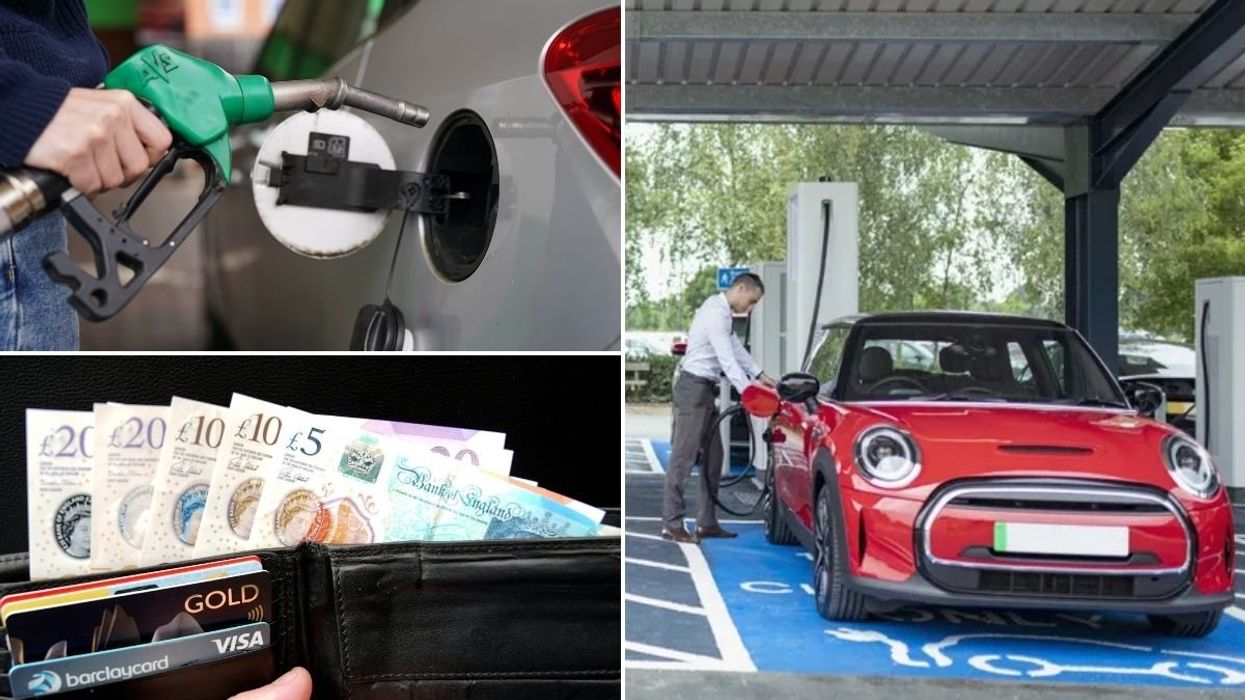 Petrol pump, electric car charger and a wallet full of cash