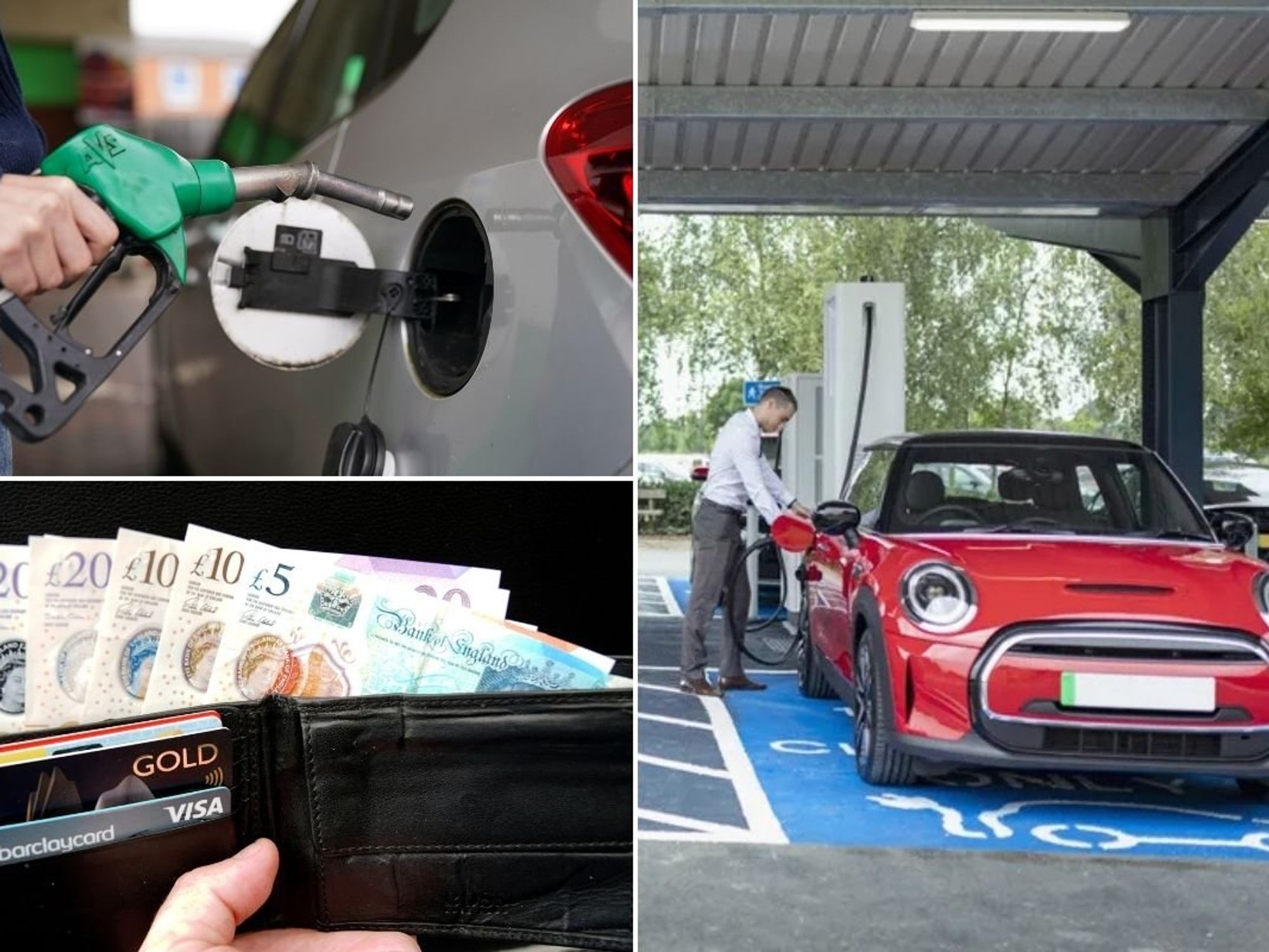 Petrol pump, electric car charger and a wallet full of cash