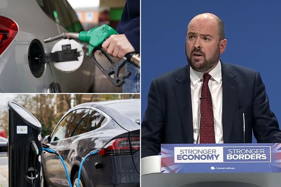 Petrol pump, Shadow Transport Secretary Richard Holden, and an electric car charging
