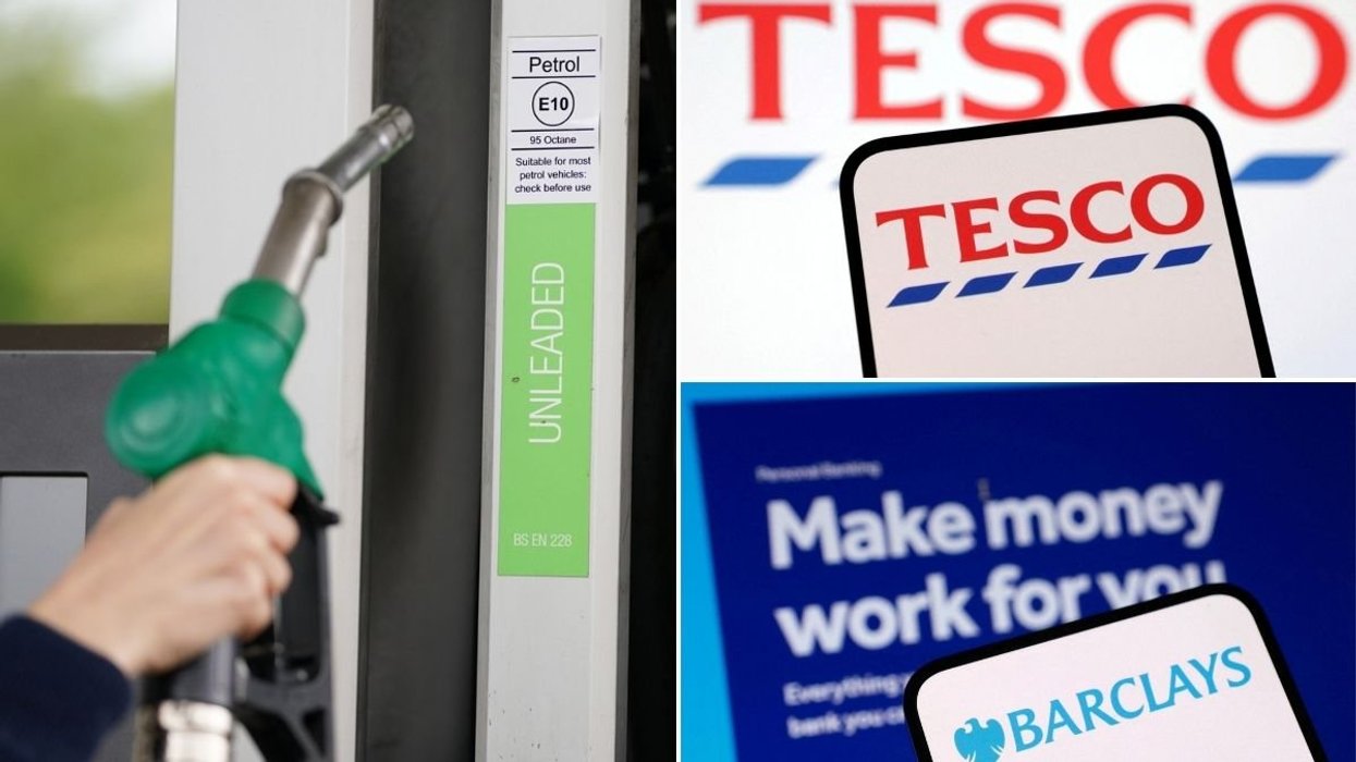 Petrol pump, Tesco logo and Barclays logo