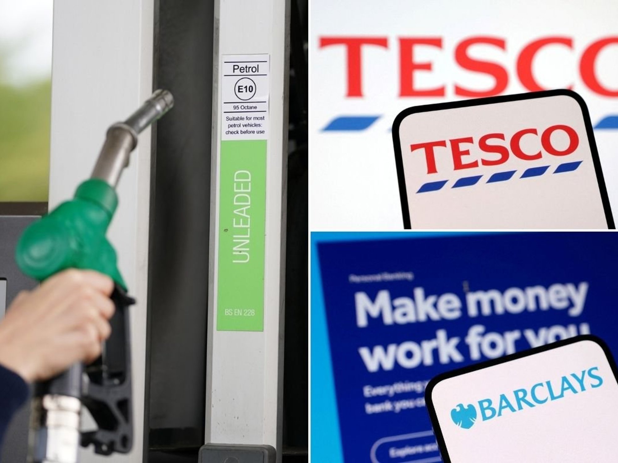 Petrol pump, Tesco logo and Barclays logo