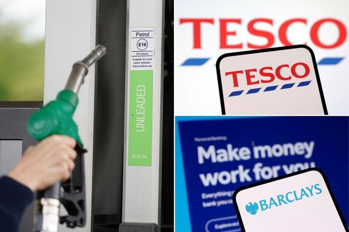 Cột bơm xăng, logo Tesco và logo Barclays.