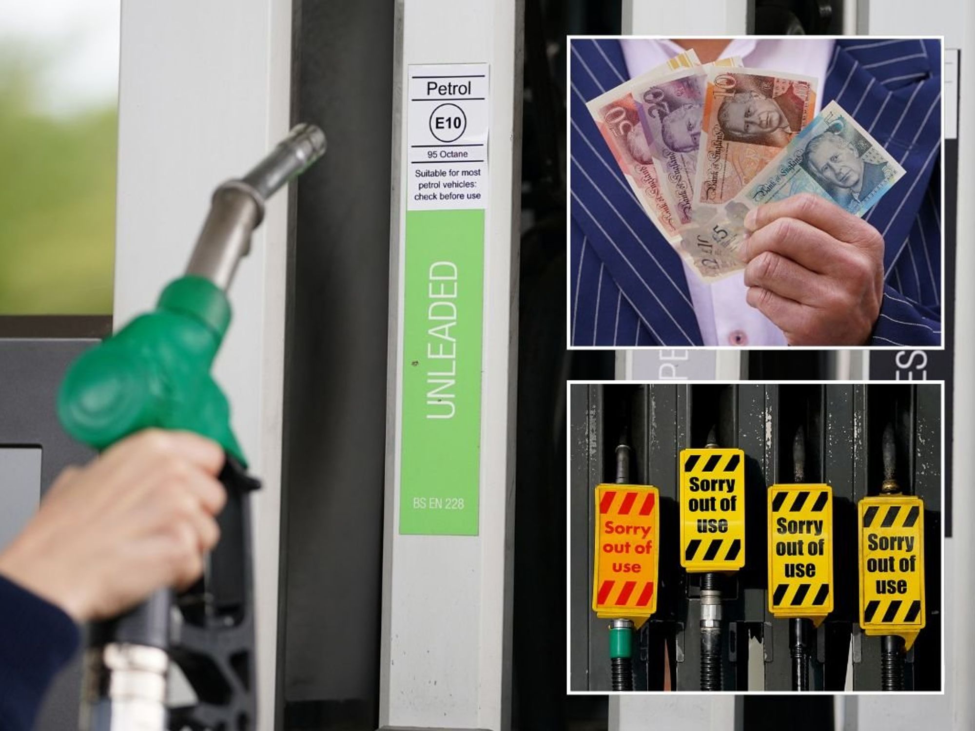 Petrol pump, UK money and empty fuel pumps