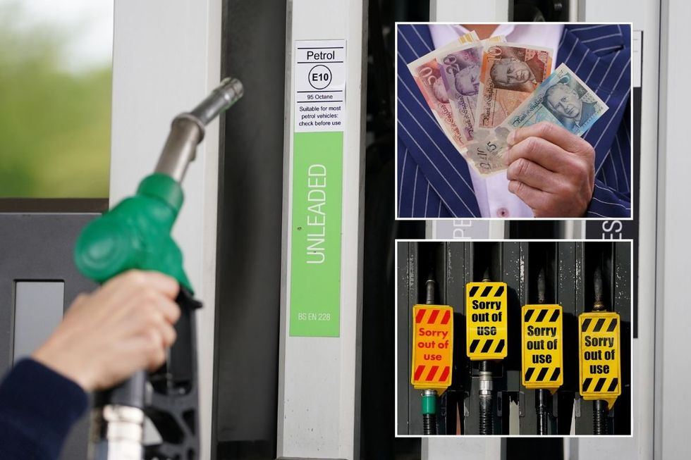 Petrol pump, UK money and empty fuel pumps
