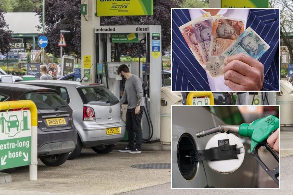 Petrol station, a hand holding cash and a petrol pump