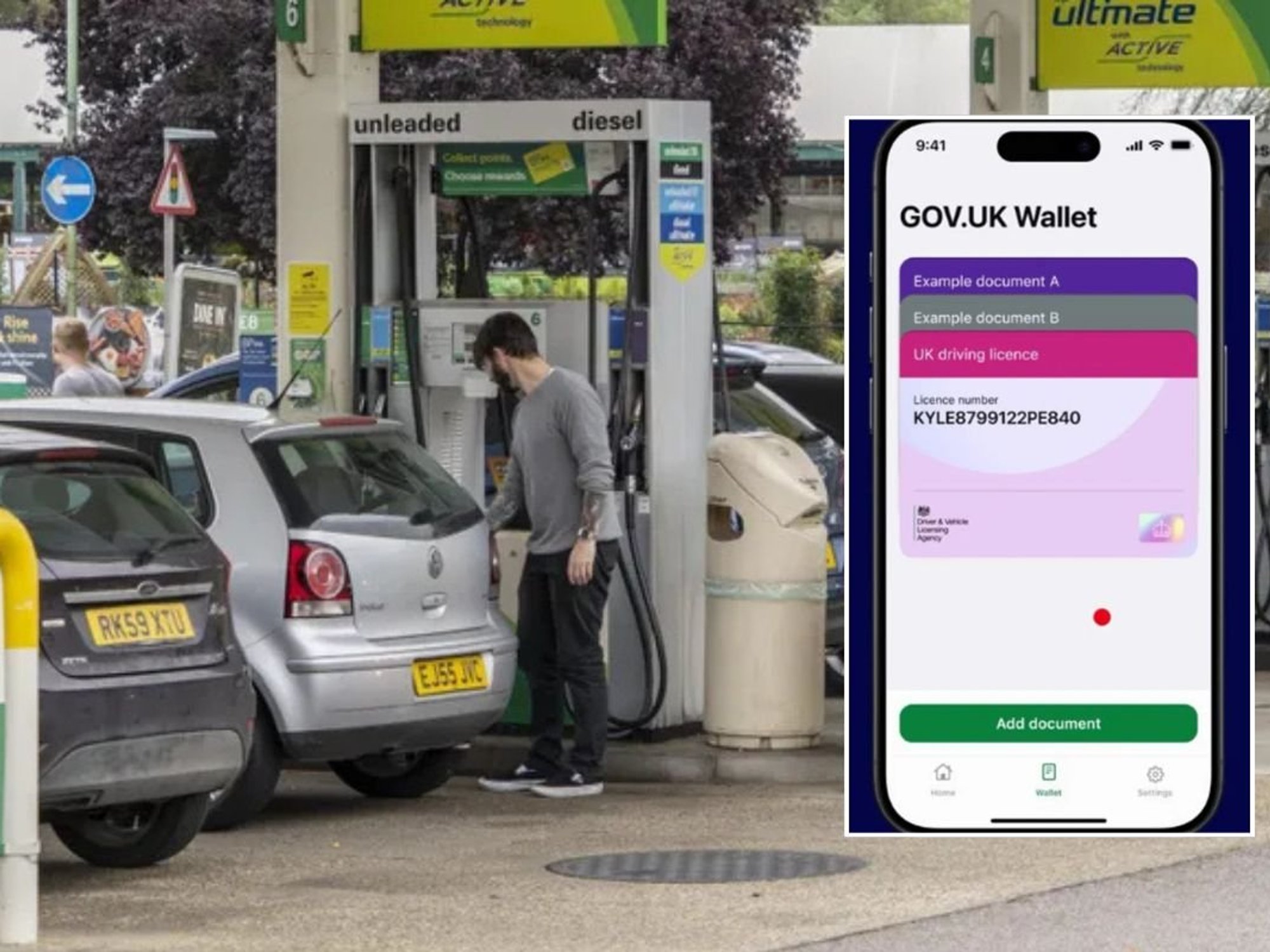 Petrol station and a screenshot of the digital driving licence