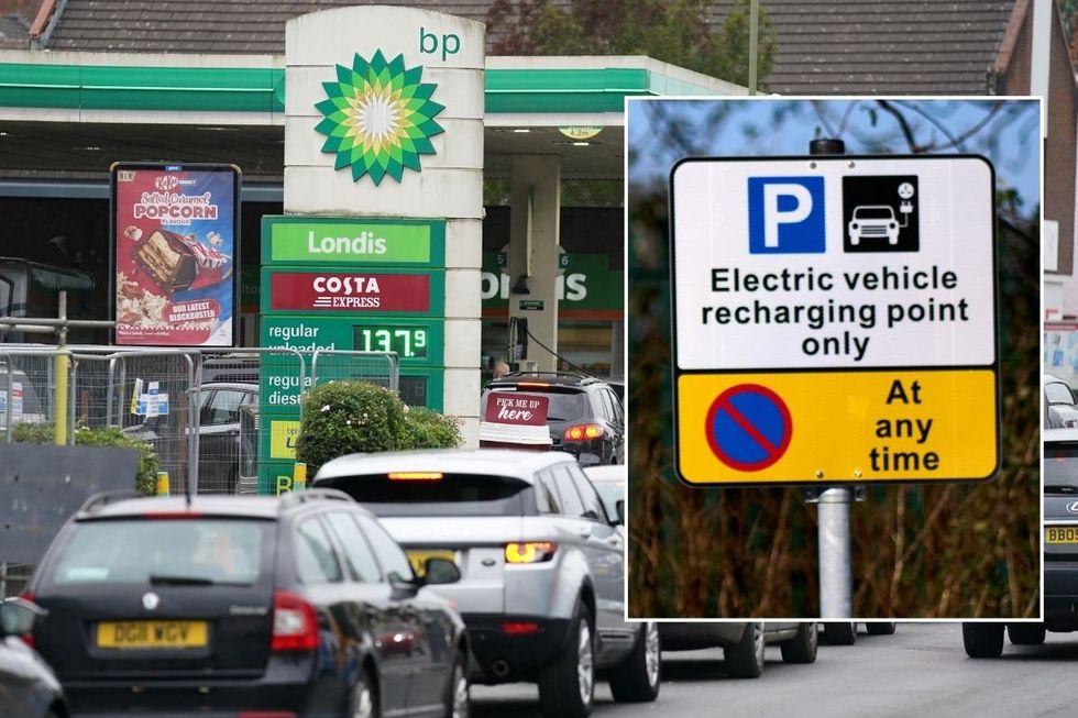 Petrol station and an EV charging sign