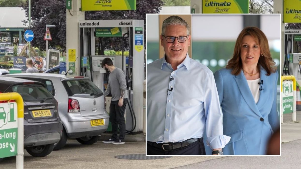 Petrol station and Keir Starmer with Rachel Reeves