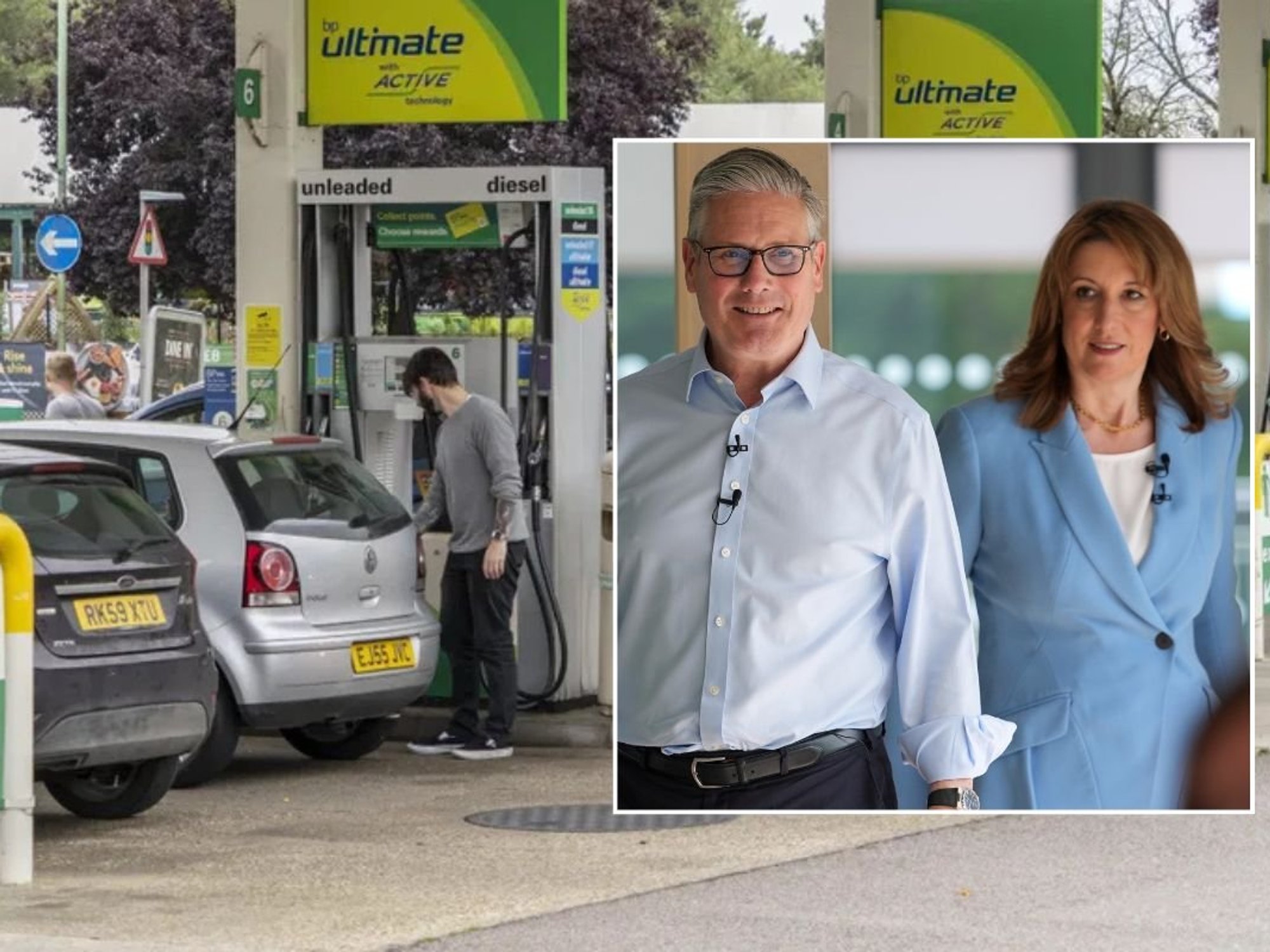Petrol station and Keir Starmer with Rachel Reeves