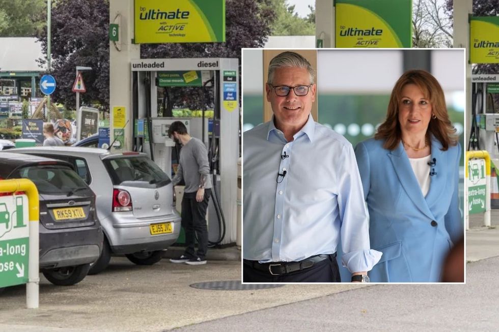 Petrol station and Keir Starmer with Rachel Reeves