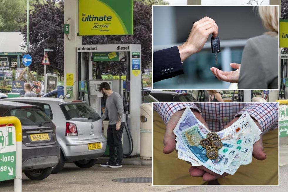 Petrol station, car keys and an elderly man holding money