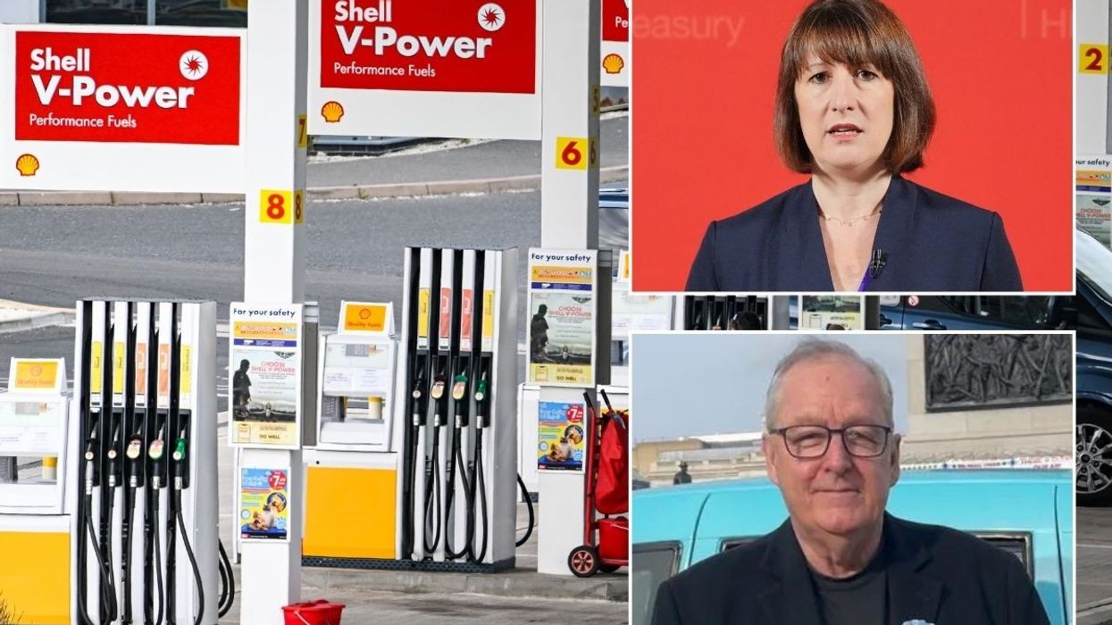 Petrol station, Chancellor Rachel Reeves and FairFuelUK founder Howard Cox