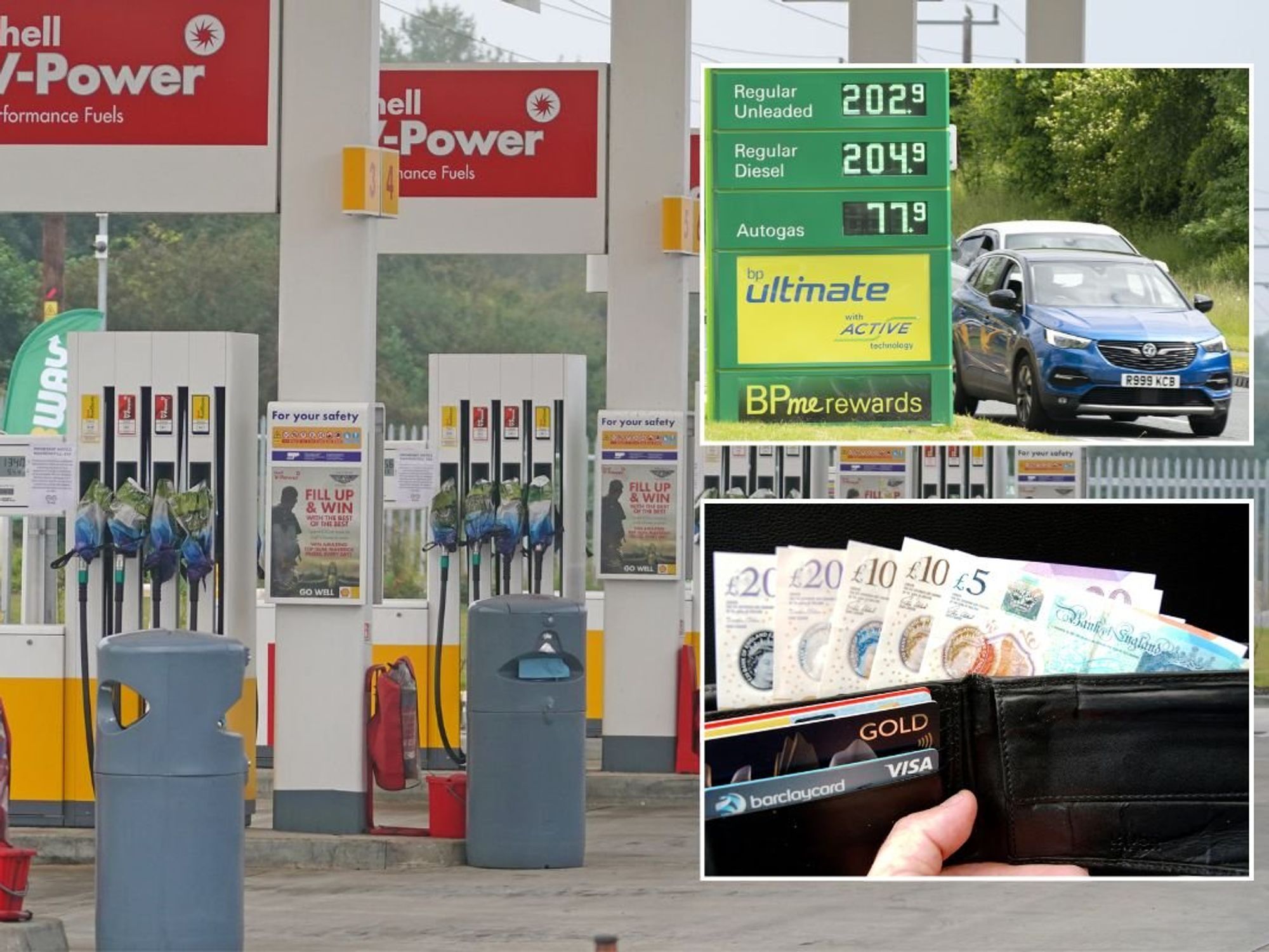 Petrol station, expensive fuel prices and a wallet full of cash