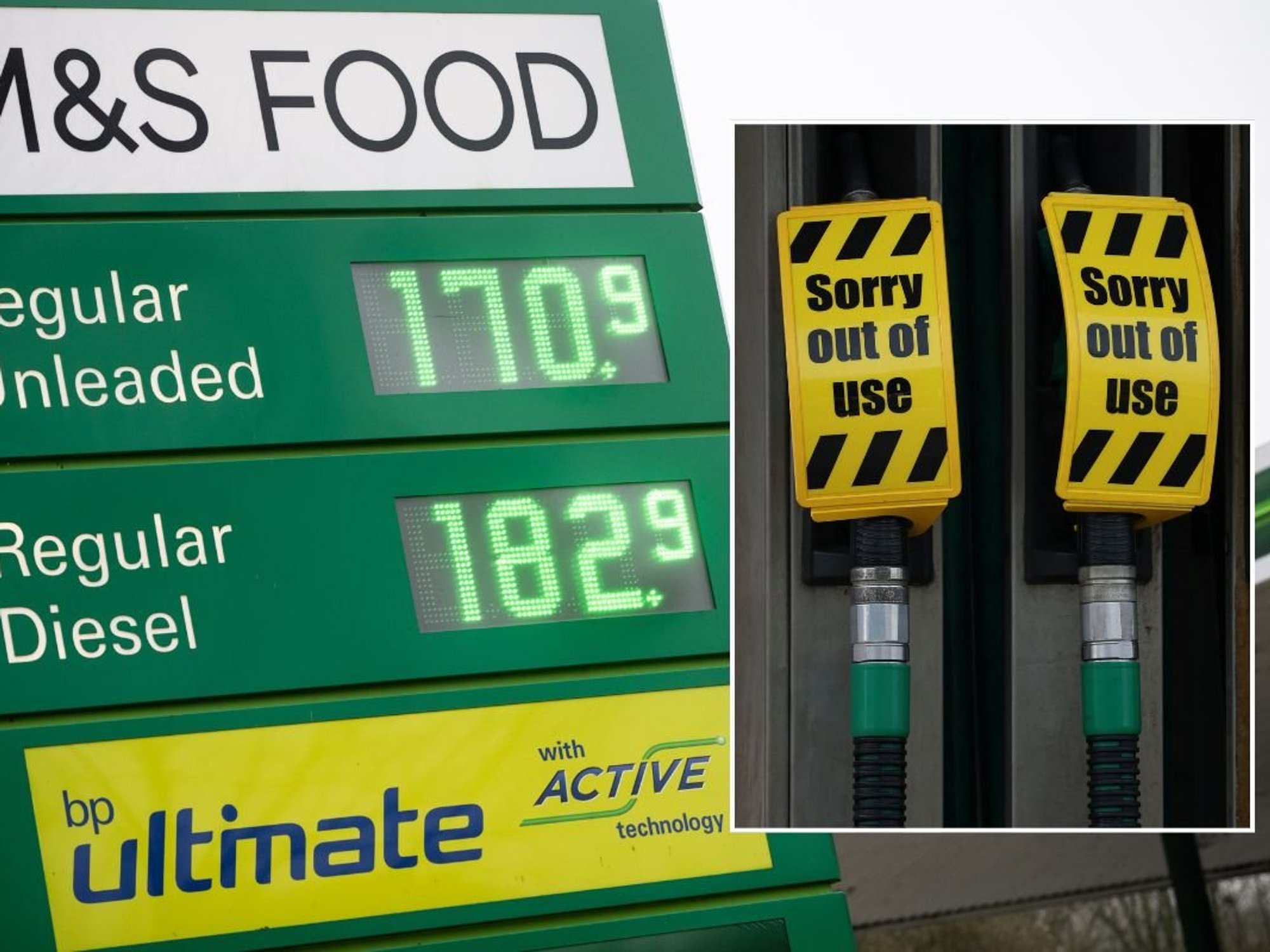 Petrol station forecourt and petrol pumps