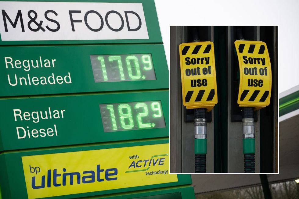 Petrol station forecourt and petrol pumps