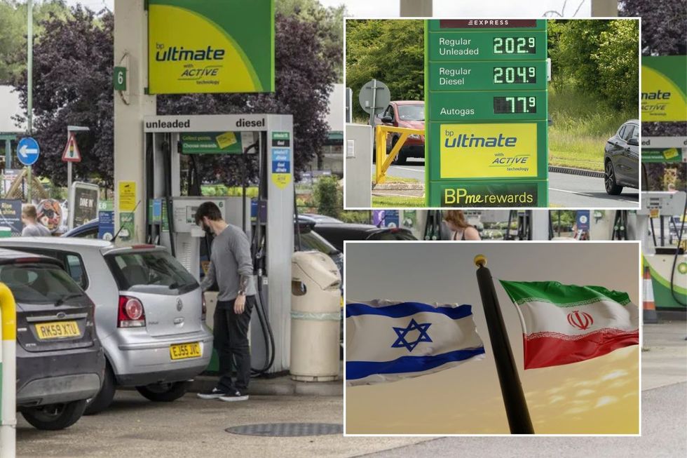 Petrol station, fuel prices and an Iranian and Israeli flag