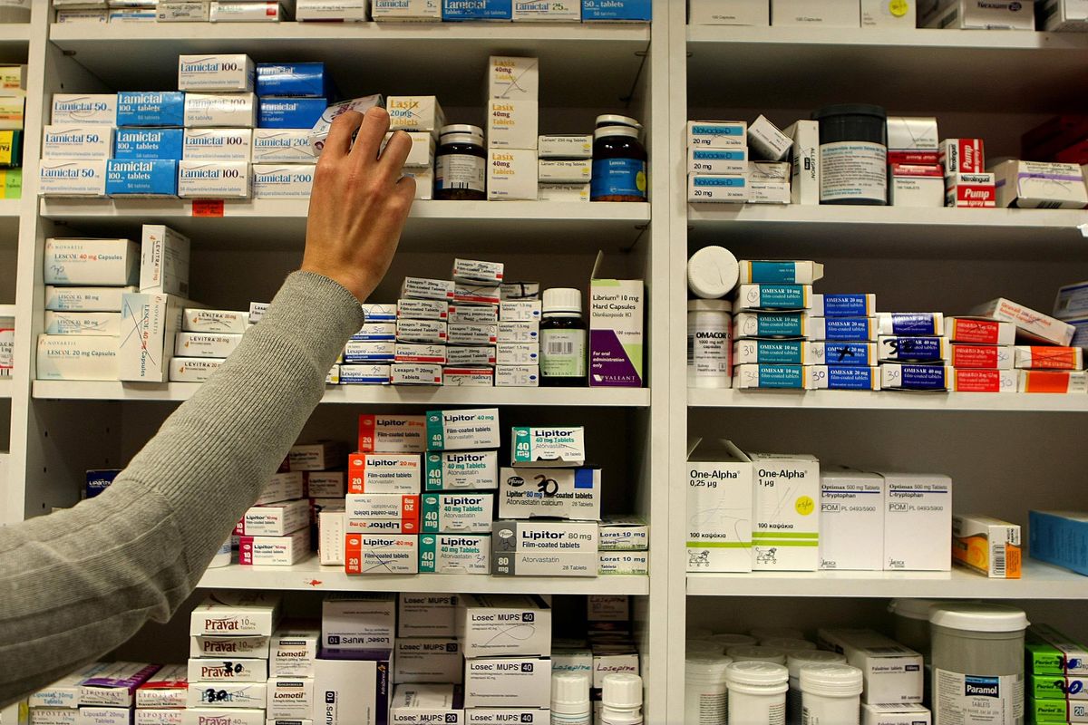 Pharmacy shelves of medicine