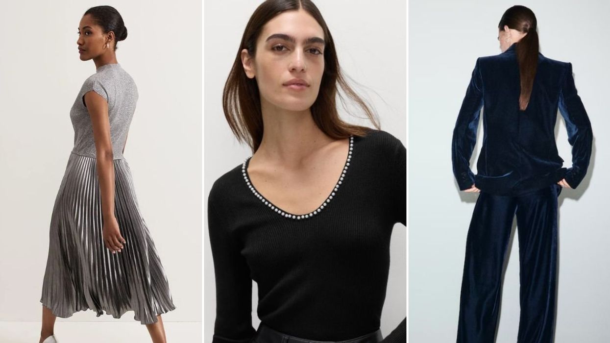 Phase Eight Jayla Metallic Knit Dress / M&S Embellished Scoop Neck Knitted Top / Mango Velvet Suit Trousers